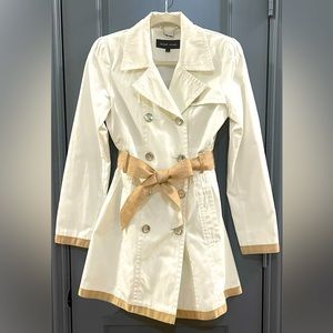 Black Rivet white rain Coat/ Jacket with tan belt and accents S